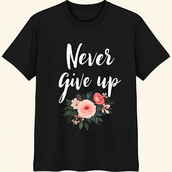 Trendy Black T-Shirt with Never Give Up Graphic & Floral Design