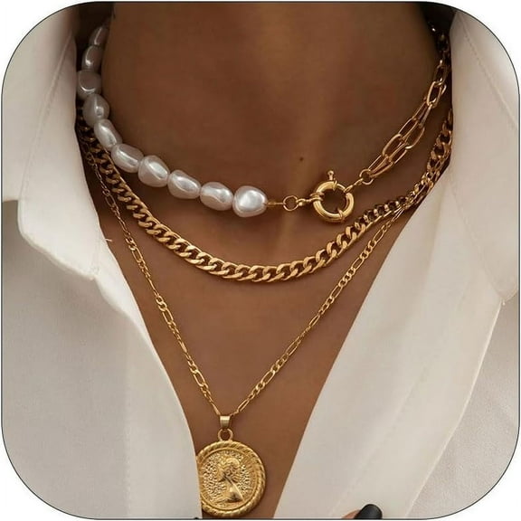 Gold Necklace For Women Layered Pearl Necklaces Trendy Dainty 14K Gold Plated Necklace Stack Layered Paperclip Chain Pearl Necklaces Set Christmas Gifts Trendy Stocking Stuffers[o7050]
