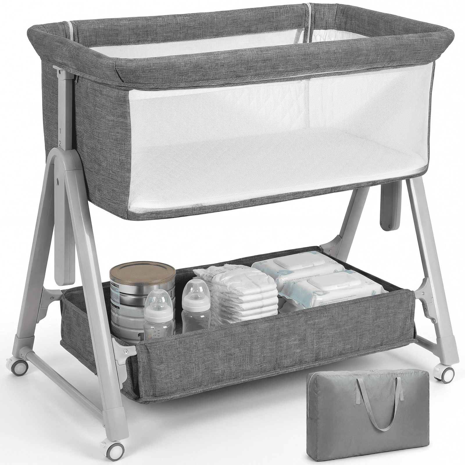 Cowiewie Baby Bassinet Bedside Portable Bassinet with Wheels & Storage Travel Bag, for 0-6 Months, Gray