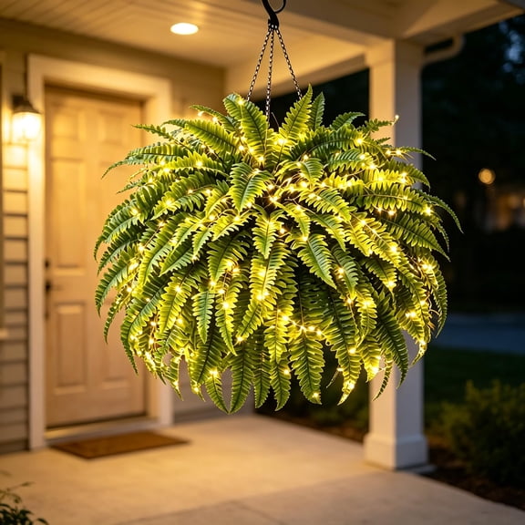 Oversized Pre-Lit Artificial Boston Ferns, Zero Watering, Zero Maintenance, Oversized Pre-Lit Artificial Boston Ferns Hanging, UV Resistant Faux Fern Plants.
