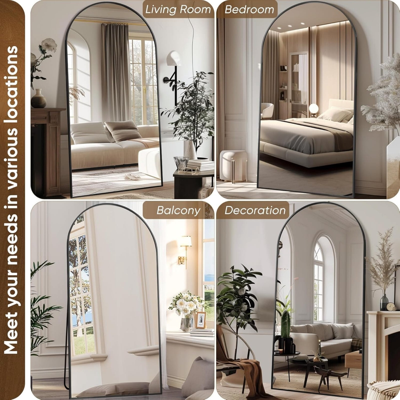SHATTERVIEW 78"x 35" Arched Full Length Mirror Floor Mirror with stand, Black