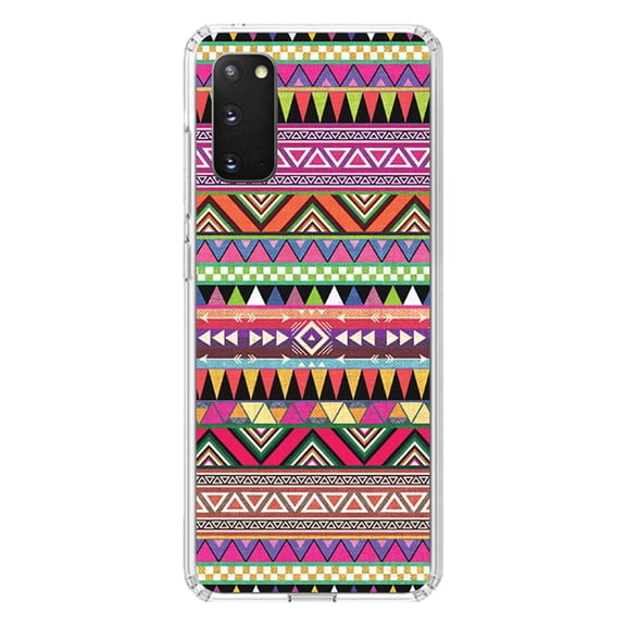 DistinctInk Clear Shockproof Hybrid Case for Galaxy S20 PLUS / 5G (6.7" Screen) - TPU Bumper, Acrylic Back, Tempered Glass Screen Protector - Pink Blue Orange Tribal Print