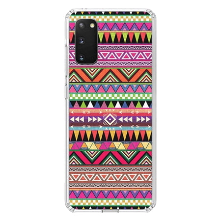 DistinctInk Clear Shockproof Hybrid Case for Galaxy S20 ULTRA / 5G (6.9 Screen) - TPU Bumper Acrylic Back Tempered Glass Screen Protector - Pink Blue Orange Tribal Print