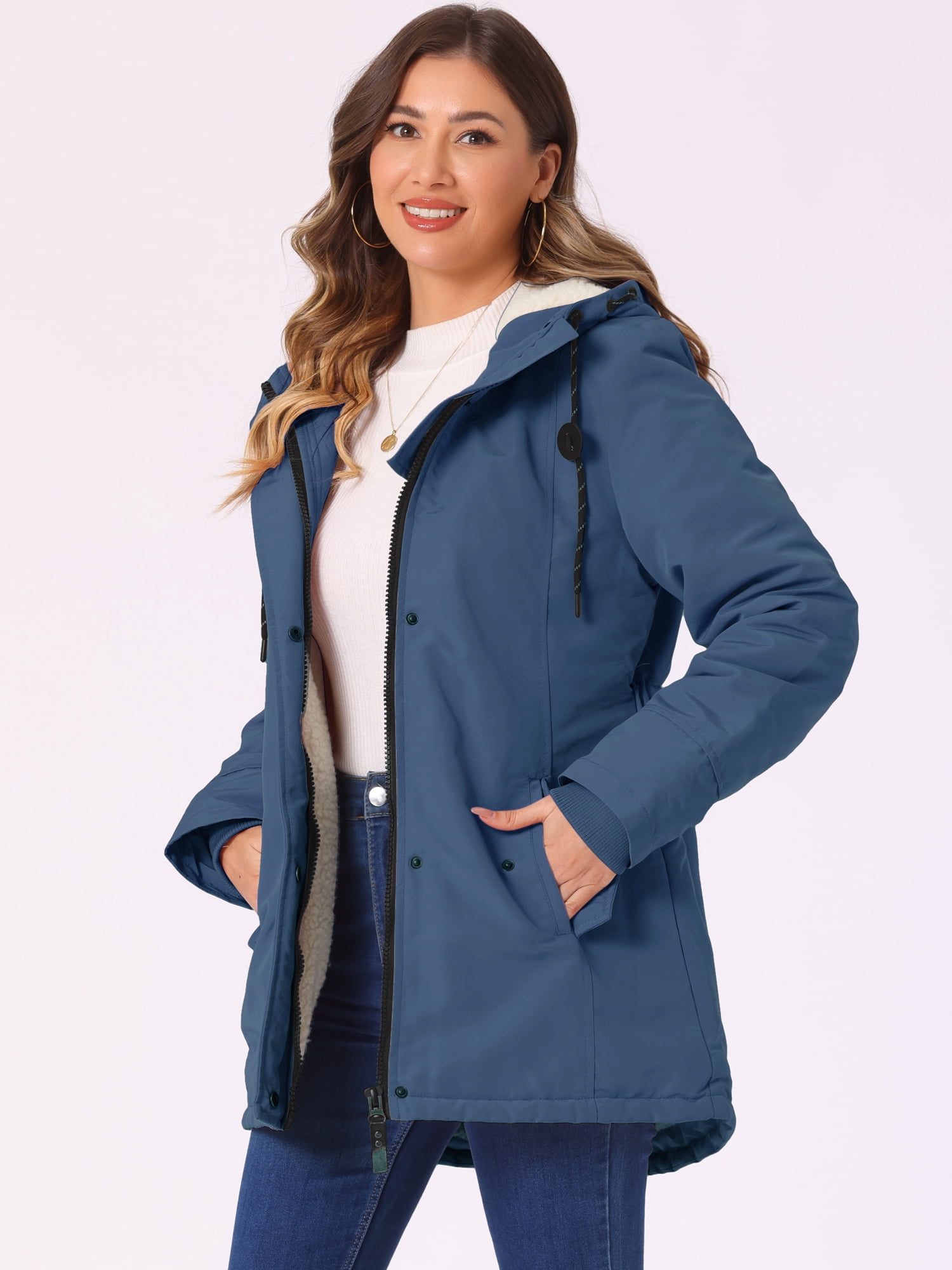DARING DIVA Women's Winter Coat with Faux Fur Hood and Multiple Pockets M Navy Blue