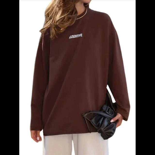 Camisetas de Larga Extragrandes para Mujer 2025, Camisetas Básicas de Cuello Redondo, Tops de Otoño, Ropa Informal de Entrenamiento Y2K Color Café S