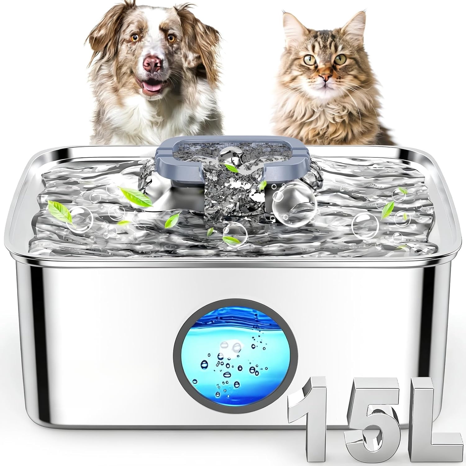 15L/4 Gal Dog Water Fountain, Stainless Steel Large Pet Water Fountain with Water Level LED Light, Quiet Automatic Dog Water Bowl Dispenser for Dogs Inside Easy Cleaning