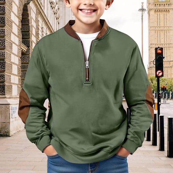 CCRFTGI Boys Sweatshirt Quarter Zip Quilted Size 10-12 Casual Long Sleeve Shirt Loose Fit Holiday Elbow Patched Spring Day Shirts Army Green 7-8Y