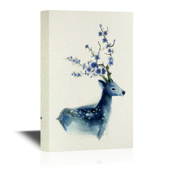 wall26 - Canvas Wall Art - Watercolor Style Deer Series - Blue Deer - Gallery Wrap Modern Home Art | Ready to Hang - 12x18 inches