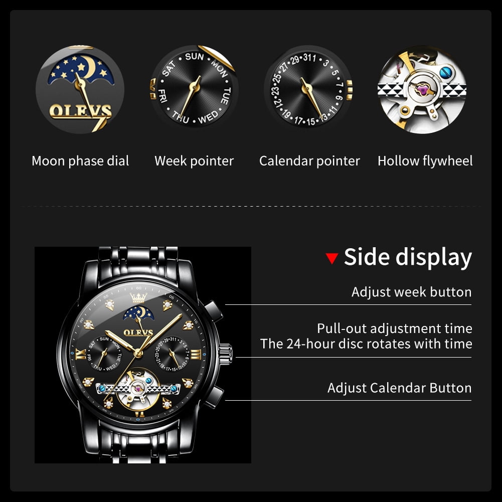 OLEVS Automatic Watches for Men Self Winding Mechanical Skeleton Flywheel Chronograph Luxury Dress Stainless Steel Diamond Moon Phase Waterproof Luminous Mens Wrist Watches Reloj Para Hombre