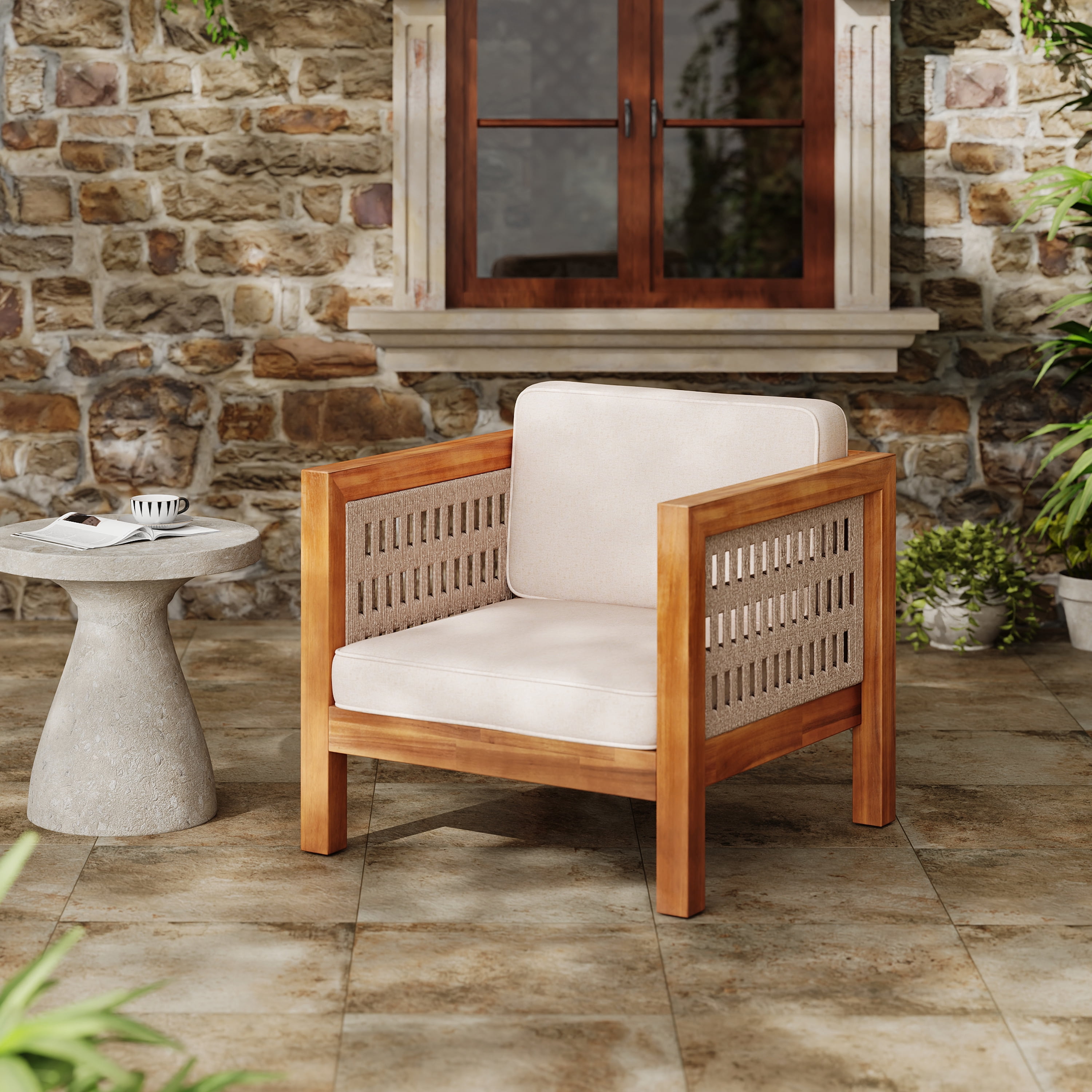 Acacia Wood Outdoor Club Chair with Beige Rope Arm and Beige Cushions for Patio Garden Deck, Teak
