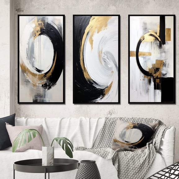 Designart "New Dream Balance Abstract in Gold and Black I" Abstract Painting Framed Wall Art Set Of 3 - Gold Modern Frame Canvas Set For Living Room Decor