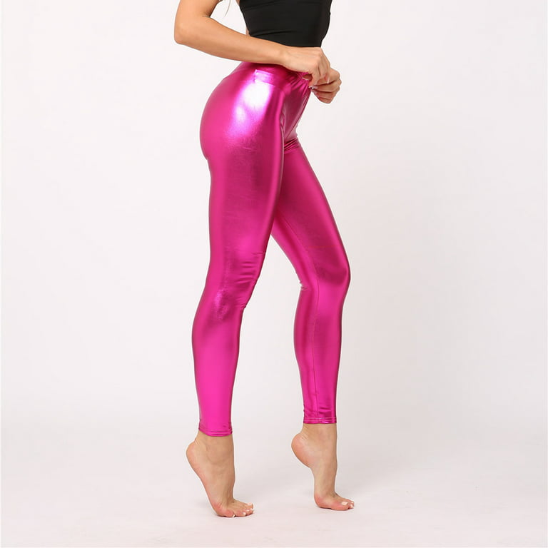 YYDGH Women's Shiny Metallic Leggings Sexy High Gloss Skinny Pants Faux  Leather Stretch Shaping Tights Trousers Pink L 