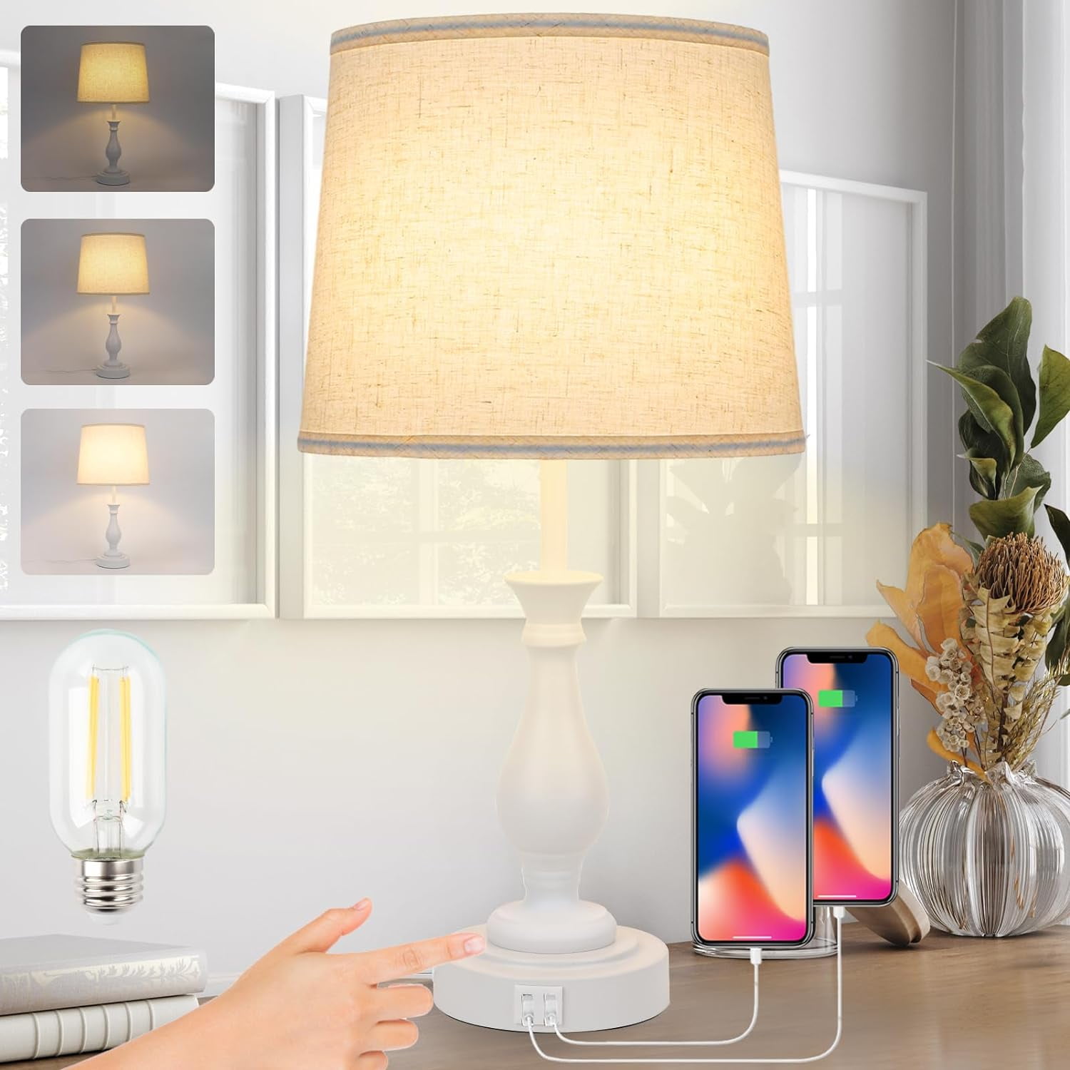Farmhouse Table Lamp Touch Control 3-Way Dimmable Table Lamp Modern Nightstand Lamp with 2 USB Port Bedside Desk Lamp with Fabric Shade for Living Room Bedroom Hotel (Pack 1-Off White)