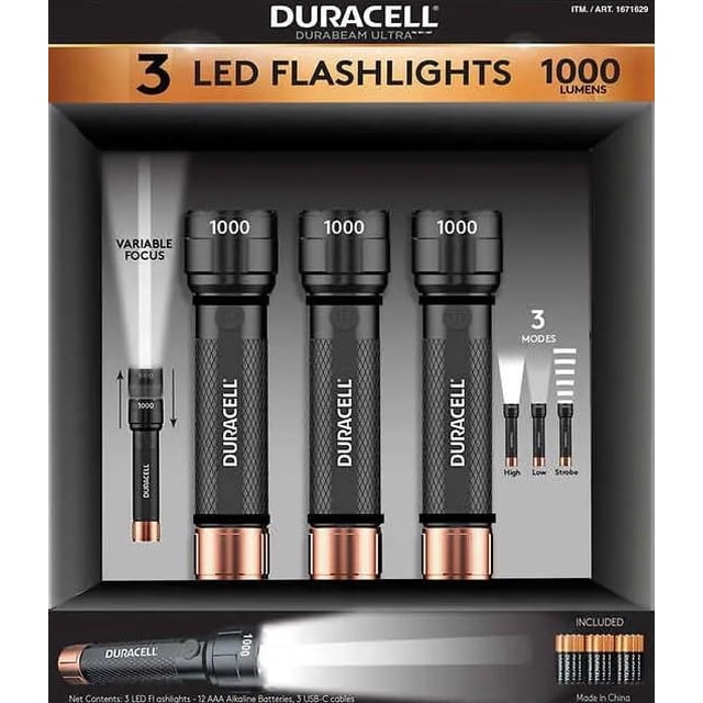 Linterna Duracell DURABEAM Ultra LED de 1000 lúmenes, paquete de 3