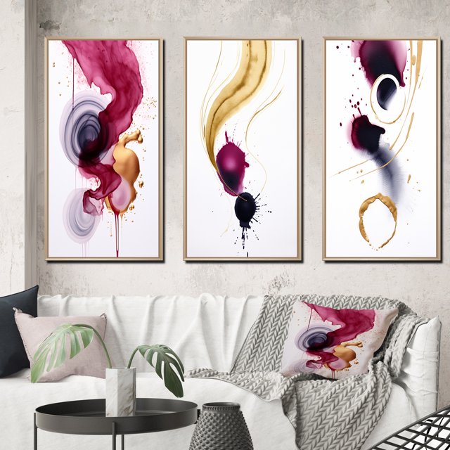 Designart "Fluidity Exquisite Magenta Ink Clouds V" Abstract Painting Framed Wall Art Set Of 3 - Gold Modern Frame Gallery Wall Set For Home Decor