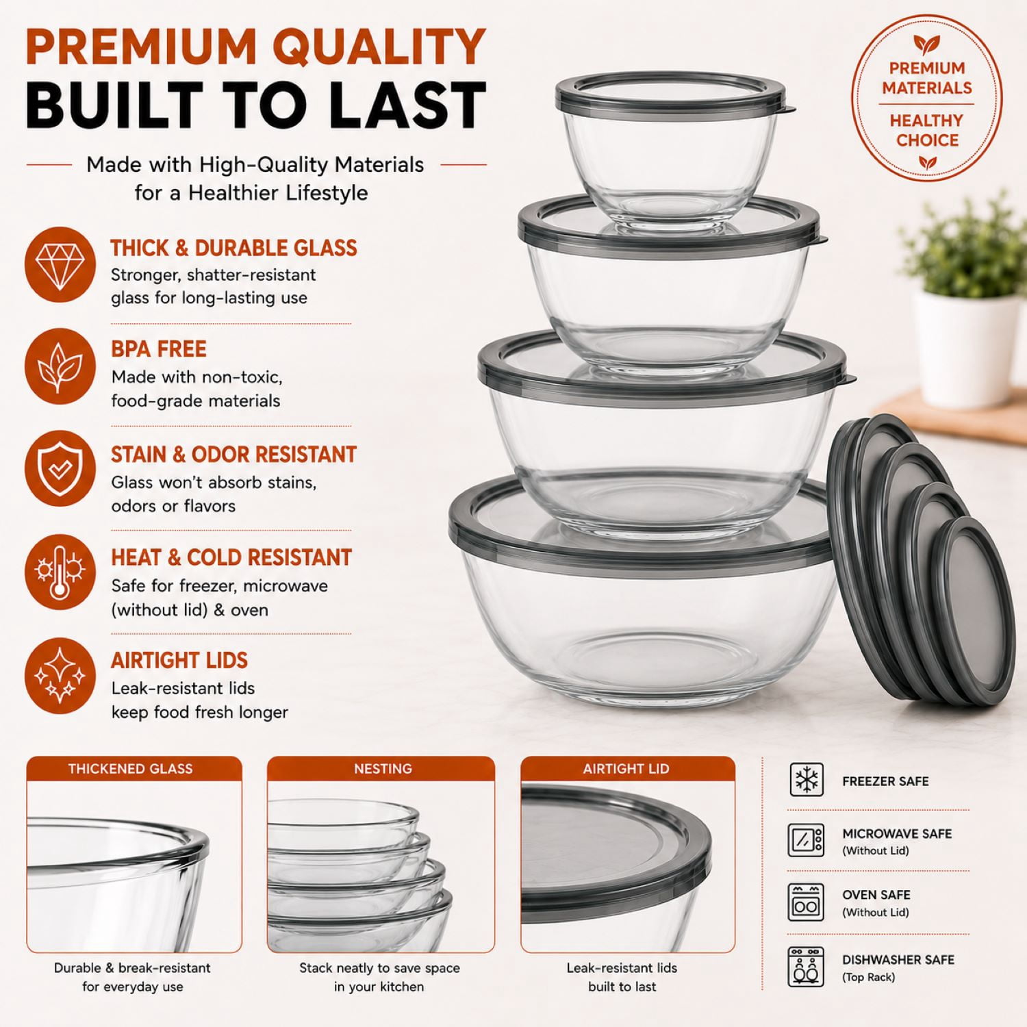 Sorbus 4-Piece Glass Mixing Bowl Set with Lids, Assorted Sizes, Nesting, BPA-Free, Microwave Safe
