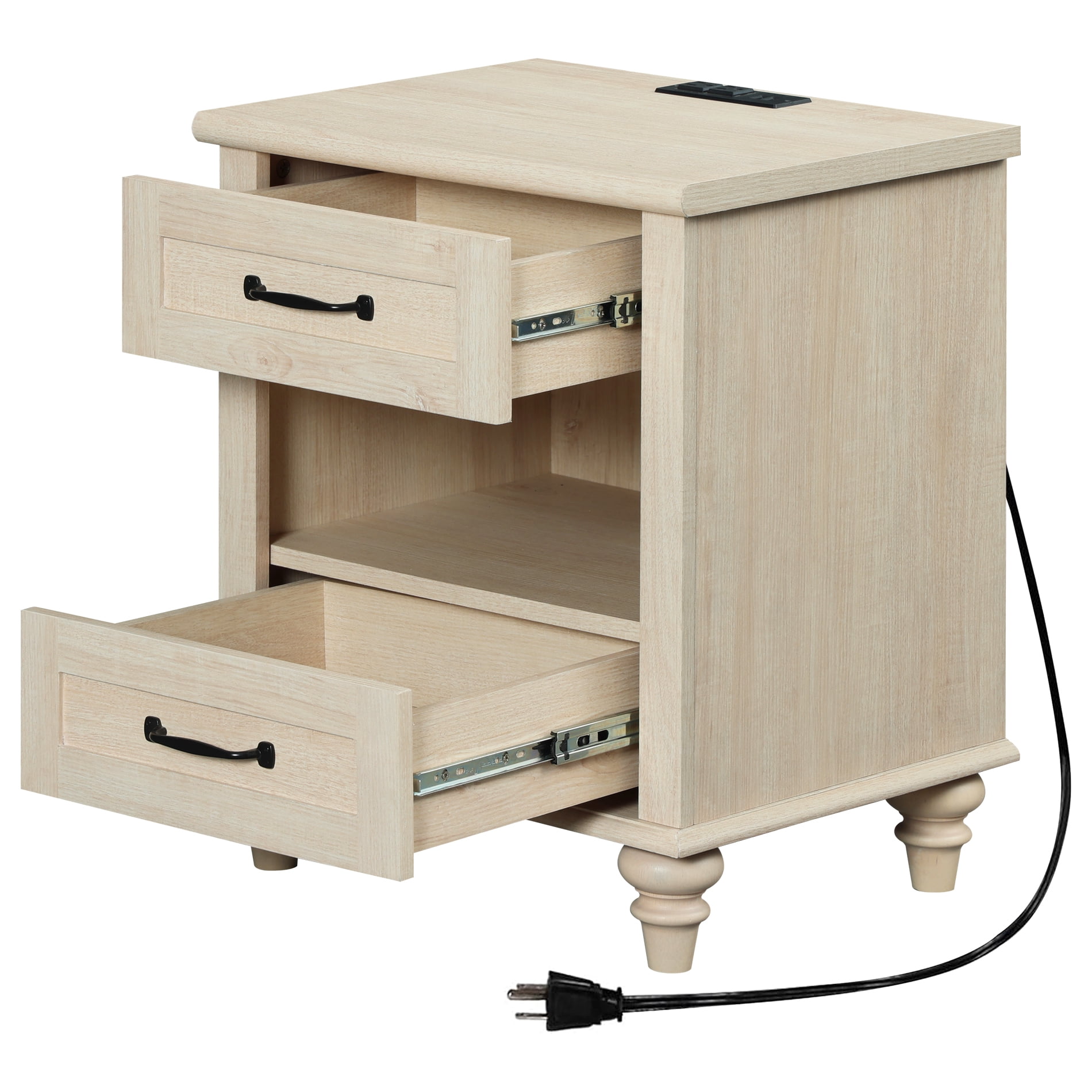 Beige Side Table with 2 Drawers, Small End Table with Charging Station, Wooden Nightstand for Bedroom, Living Room