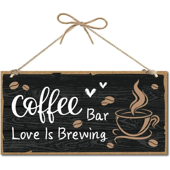 Coffee Bar Sign Decor Wood Home Plaque Hanging Wall Art Wood Board Door Sign Love Is Brewing Heart Decorative for Coffee Bar Assecories Shop Farmhouse Kitchen Patio Decoration 12 x 6inch Black
