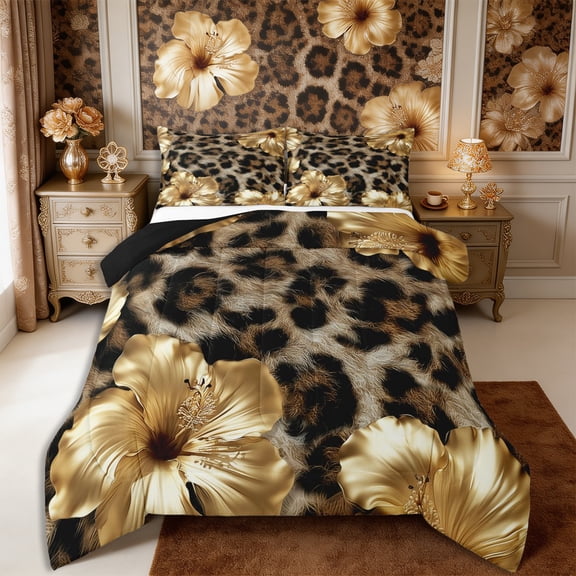Manfei Golden Hibiscus Full Size Comforter Sets 3-Piece,Animal Leopard Print Bedding Comforter Set,1 Comforter and 2 Pillowcases,Reversible