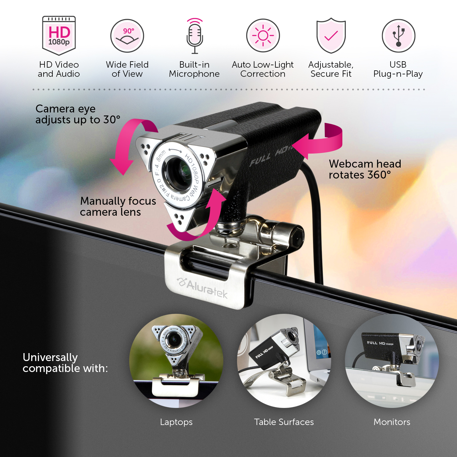 Aluratek AWC01F - USB HD 1080P Webcam w/Manual Focus, Perfect for Streaming, Video Calls, and Online Meetings Video and Audio