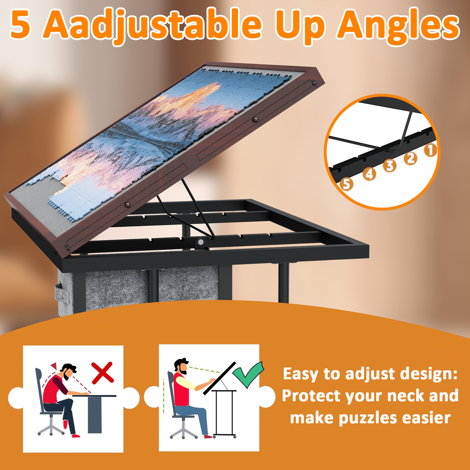 Jigsaw Puzzle Table with Legs and Wheels, Adjustable Height and Angles Puzzle Tables with 6 Drawers for Adults, with Protective Cover, 1500 Pieces, Coffee&Gray