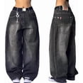 thumbnail image 1 of Pantalones vaqueros unisex estilo hip-hop gótico urbano de talle alto y corte holgado con diseños rasgados y bordados for hombre y mujer, 1 of 4