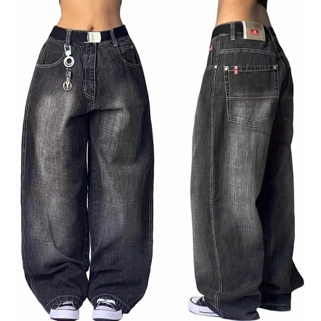 Pantalones vaqueros unisex estilo hip-hop gótico urbano de talle alto y corte holgado con diseños rasgados y bordados for hombre y mujer