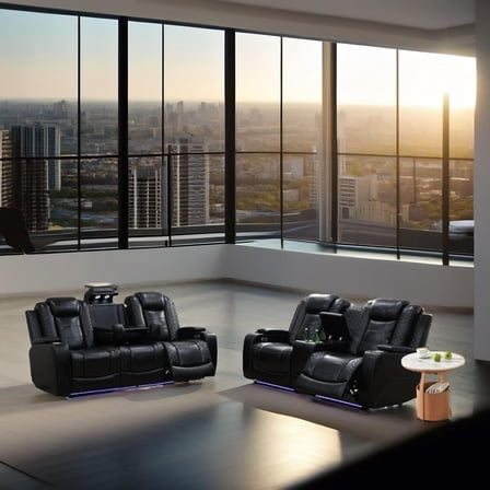 Black Breathing Leather 2-Piece Living Room Recliner Sofa Set