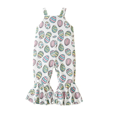 

Toddler Girls Easter Sleeveless Cartoon Prints Romper Bell Bottoms Jumpsuit Clothes Smocked Outfit