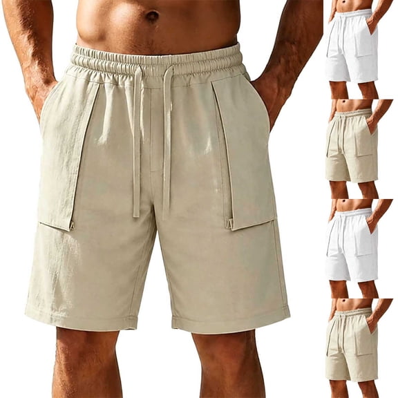 Mens Casual Shorts Cotton Summer Beach Shorts Shorts for Men Casual Men's Solid Color Casual Sports Elastic Waist Drawstring Pocket Shorts White S