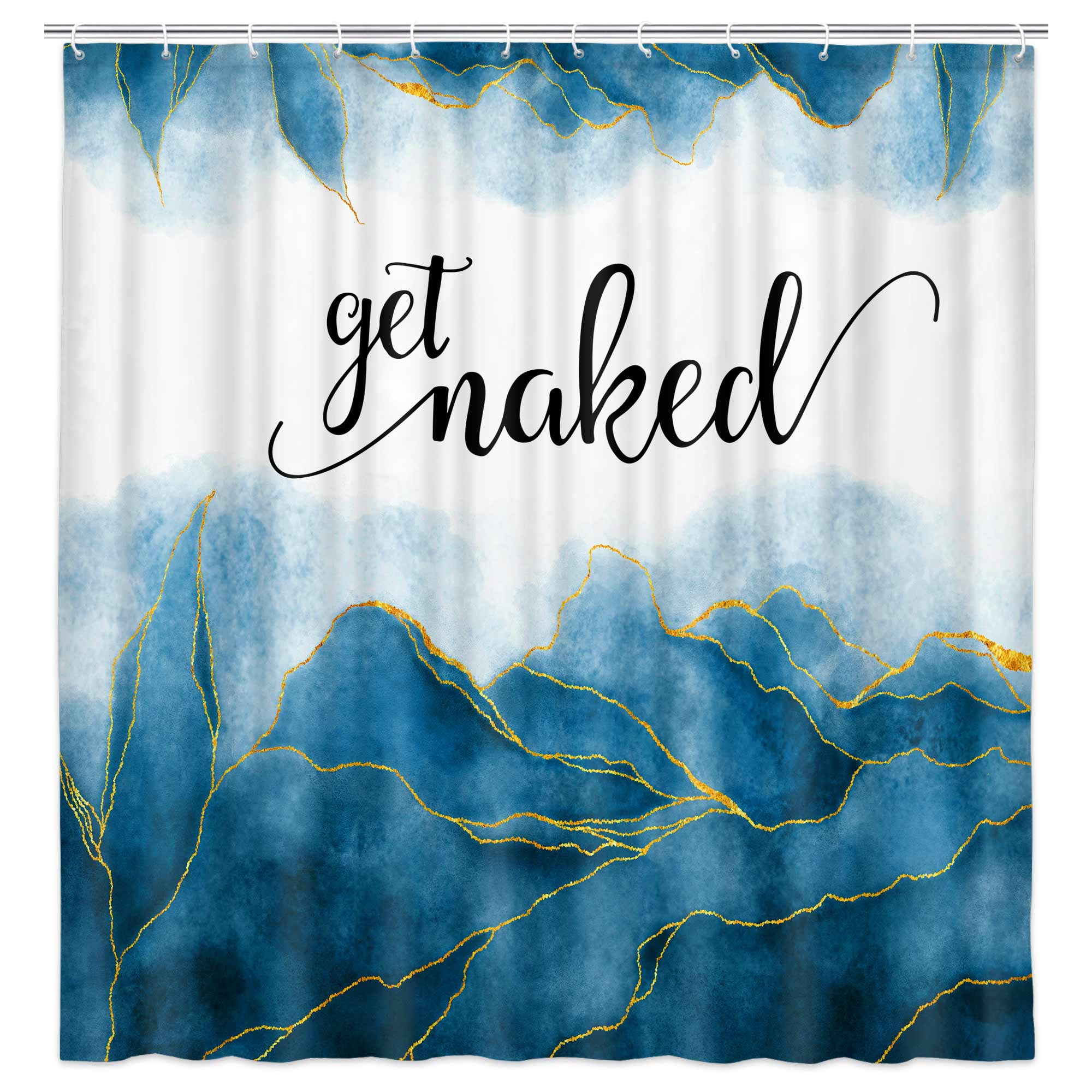Get Naked Ombre Blue Shower Curtain, Golden Ombre Blue Marble Texture Shower Curtain Sets, Abstract Watercolor Modern Bathroom Curtain with Hooks Waterproof Fabric Decor, 48X70IN