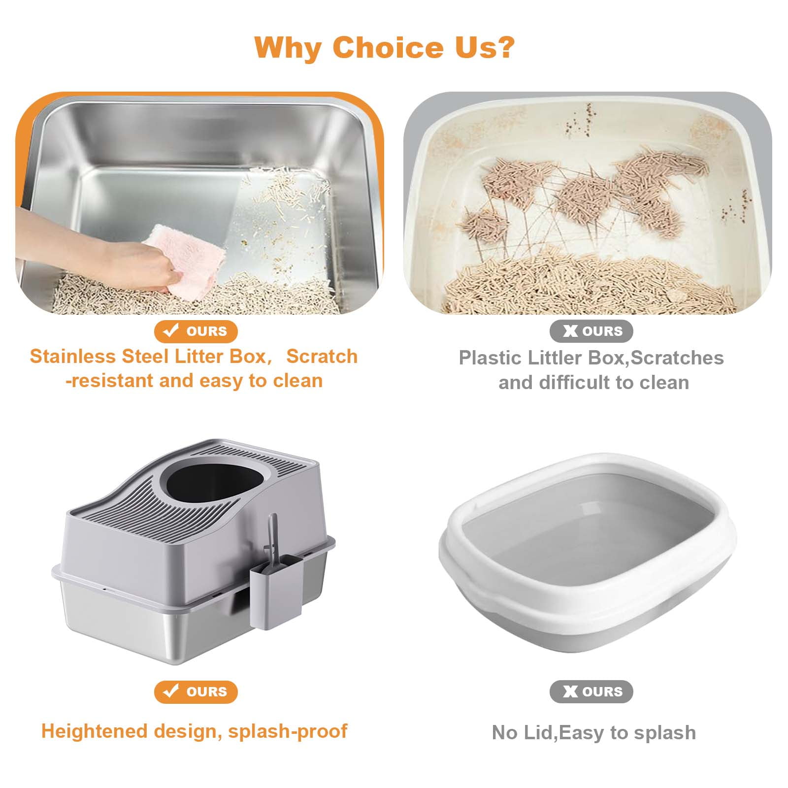 Cat Litter Box, Top Entry Enclosed Stainless Steel Cat Toilet, Cat Litter Box With Lid, Large Enclosed Cat Litter Box With Scoop And Mat, Non-Sticky