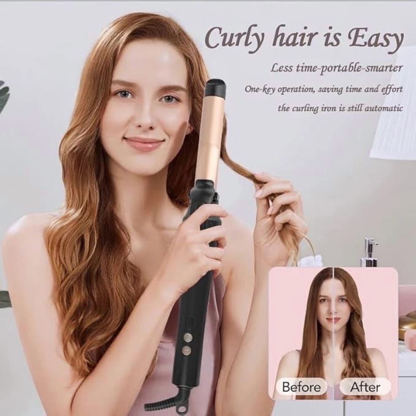 LCD Ceramic Curling Wand - 1 Inch Auto Rotating Titanium Barrel, 4 Adjustable Temps, Fast Heat-Up, Dual Voltage & Anti-Scald