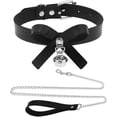 thumbnail image 1 of Black Leather Bow Collar with Bell,Adjustable PU Necklace with Chain Leash Set_c*, 1 of 5