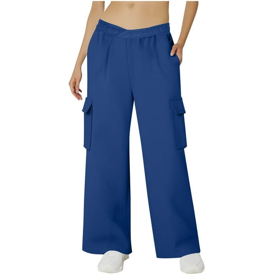 Atogsazn Womens Cargo Wide Leg Sweatpant Casual Jogger Athletic Elastic Waist Pant Fleece Trousers with Pocket Fall Clothes Blue XL Fashion