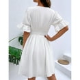 thumbnail image 2 of UTSJKR Womens Beach Dress Lace Hollowed Solid V Neck Smocked Waist Pleated Flowy A Line Swing Dress Summer Basic Bell Sleeve Short Sleeve Sundress 2024 Fashion White L, 2 of 5
