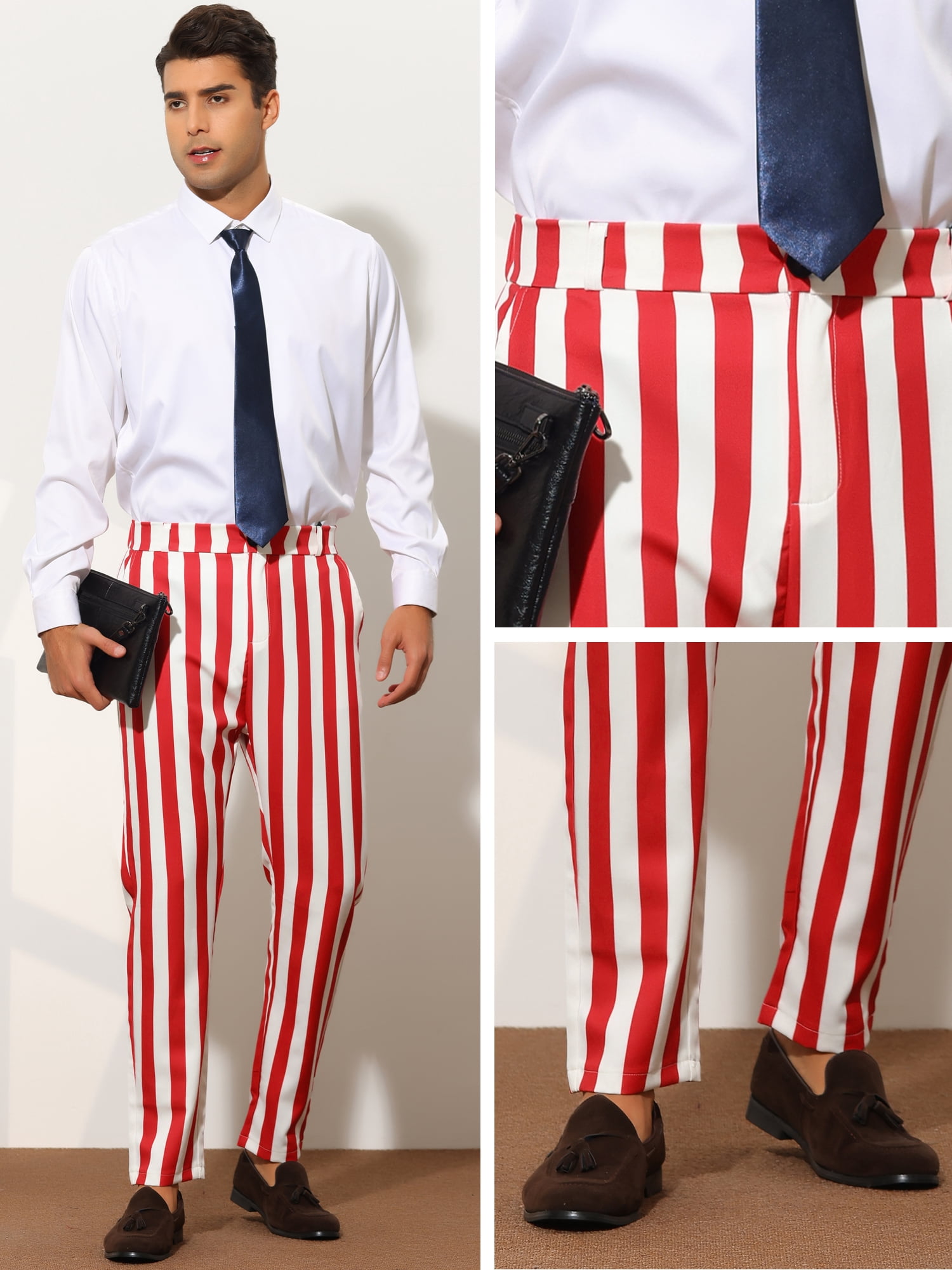 Unique Bargains Men's Striped Dress Pants Big & Tall Flat Front Business Trousers 34 Red White