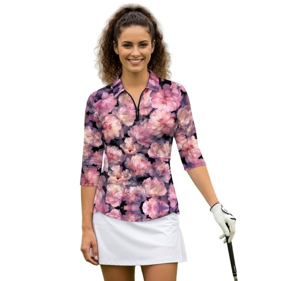 HUIACONG Flowers Pattern Quick Dry Golf Shirt Women, Breathable Quarter Zip Womens 3/4 Sleeve Golf Shirts Relaxed Ladies Golf Top 3/4 Sleeve