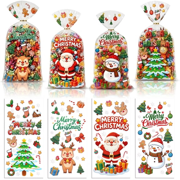 120Pcs Christmas Cellophane Treat Bags, 4 Styles Christmas Candy Xmas Goodie Gifts Bags with Twist Ties for Christmas Party Favor Supplies