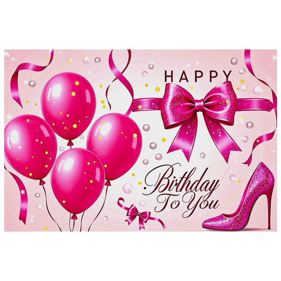 Pink Balloon Bow High Heel Themed Happy Birthday Banner Party Decoration Photography Props Backdrop for Girls Birthday Party Celebrations Photo Booth Decor Background Supplies