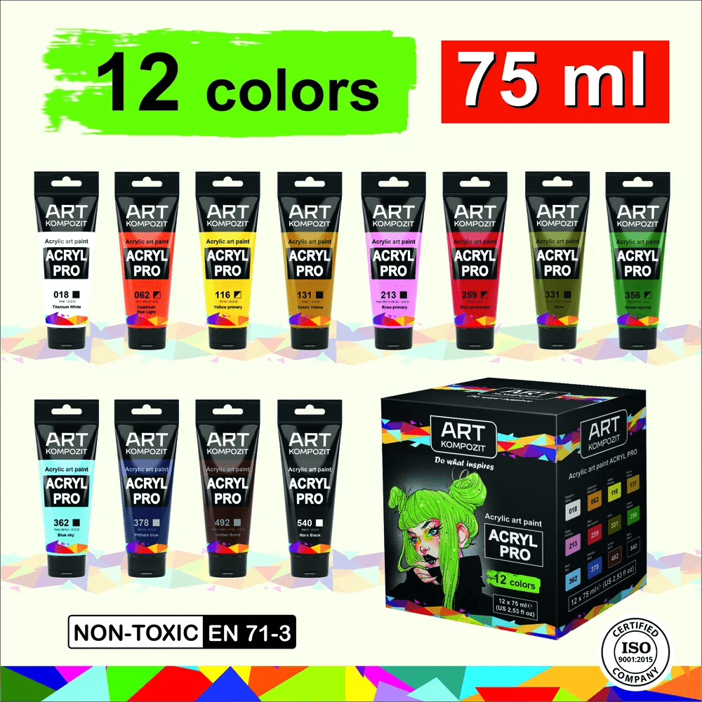 FARBA USA Professional Artist Acrylic Paint Set - 12 Color Kit with Non-Toxic, Richly Pigmented Paints for Canvas, Wood, Paper - Waterproof, Fade-Resistant - Ideal for Beginners & Advanced Painters
