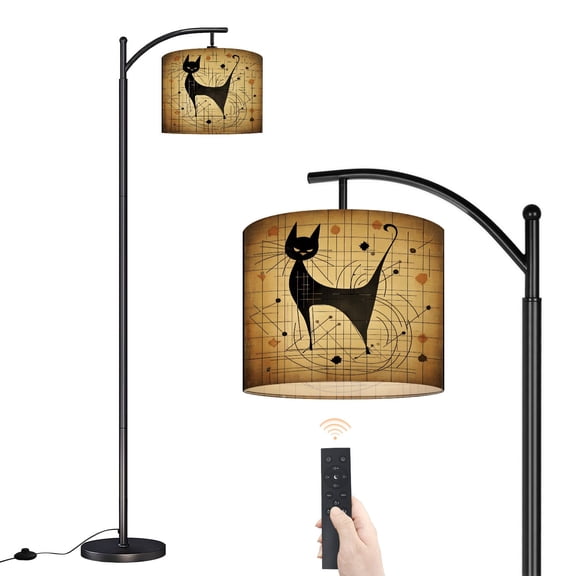 Arc Floor Lamp with Adjustable Lampshade Mid Century Black Cat Retro Stars Abstract Cute Animal 1950s Standing Lamp 3 Color Temperatures Dimmable Tall Pole Lamp with Foot Switch for Bedroom