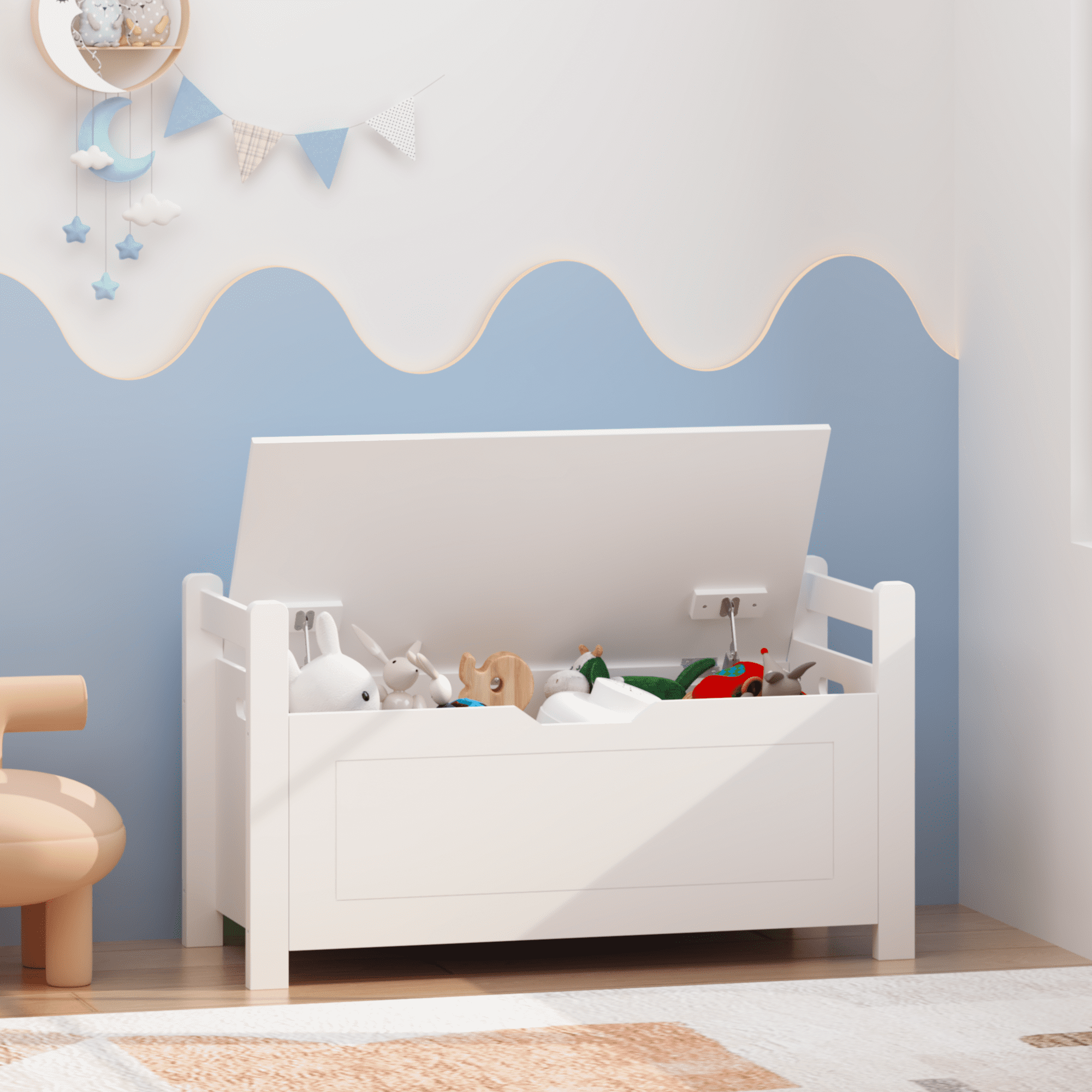 HOQBN Kids Toy Box Chest for Boys Girls,Large Toy Storage Organizer with Cushion Seat Bench,Flip-Top Lid & Safety Hinge for Nursery, Playroom,White