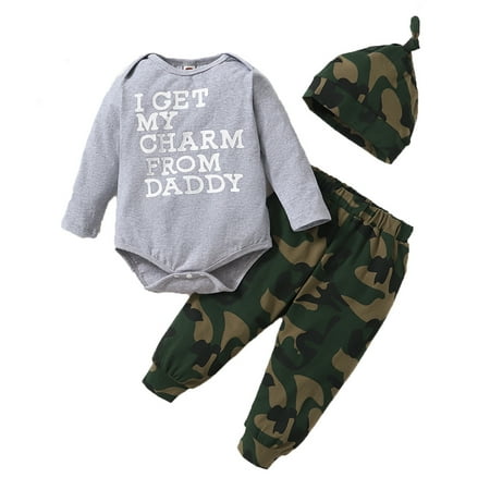 

NZRVAWS Baby Boys Outfits Long Sleeve Letter Print Romper Top+Camouflage Print Pants+Hat 3Pcs Clothes Set 12-18 Months Gray