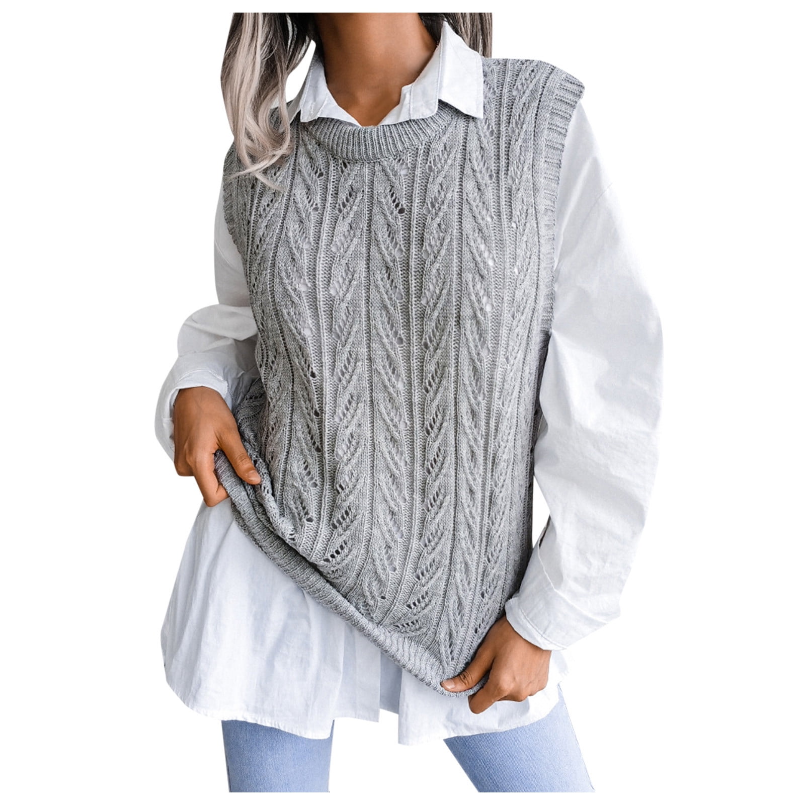 Womens Fall Sweaters Sleeveless Sweater Vests Tops Solid Print Grey L ...