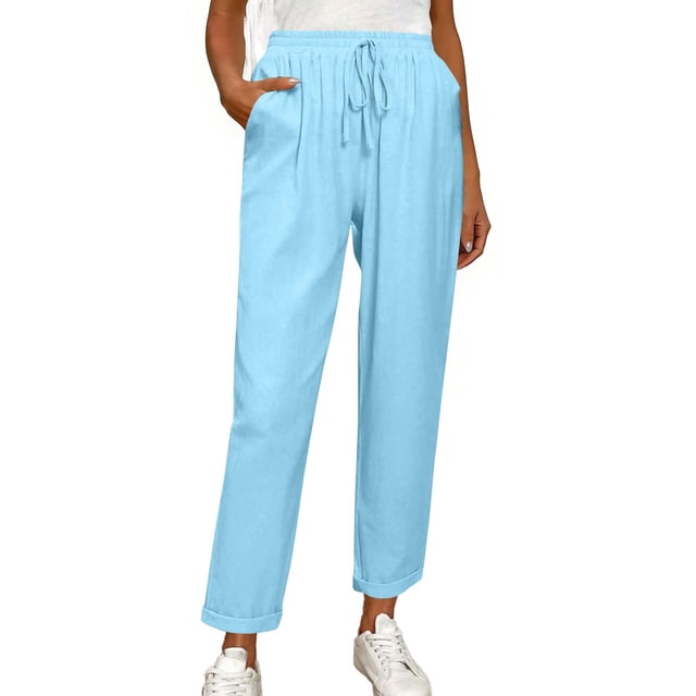 Pantalones elásticos de la cintura para las mujeres verde oliva cordón sólido bolsillo Jogger longitud completa