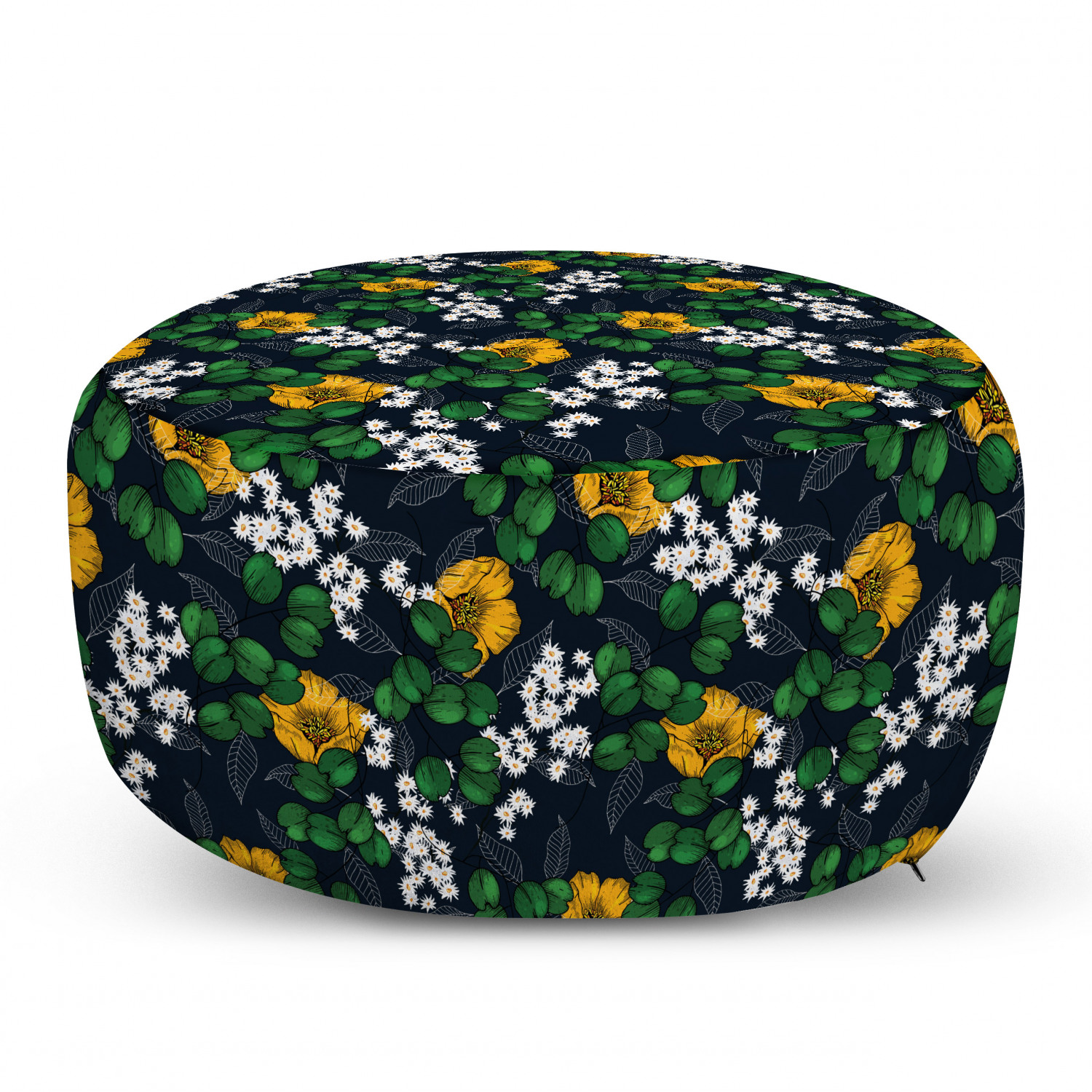 Floral Ottoman Pouf, Nature Pattern with Leaves Daisy and Poppies