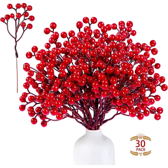 30PCS Artificial Red Berry Stems, 7.8inch Christmas Red Berry Picks, Holly Berry Branches for Christmas Tree Decorations, DIY Crafts Xmas Ornaments Wedding Holiday Home Decor