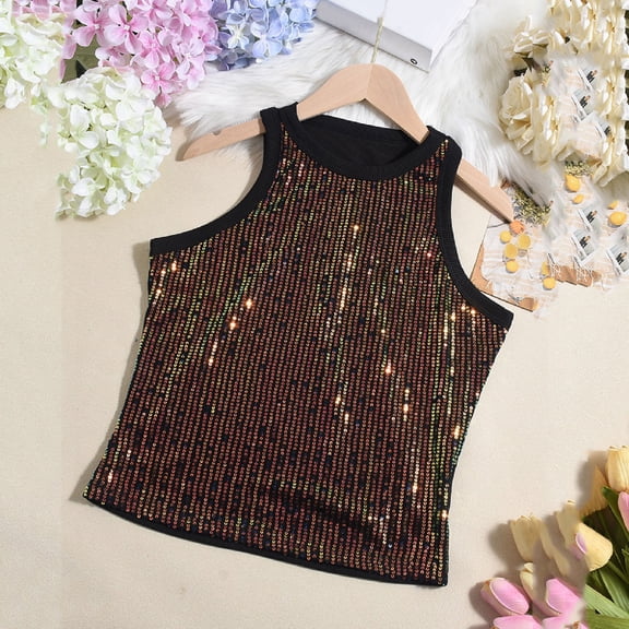 Diufon Women's Sequin Tank Top Sparkle Glitter Summer Sleeveless Blouse Solid Color Crew Neck Slim Party Vest