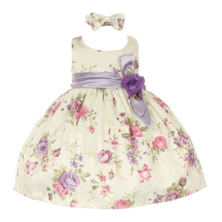 - Baby Girls Lilac Floral Printed Jacquard Sash Hair Bow Dress 6-24M